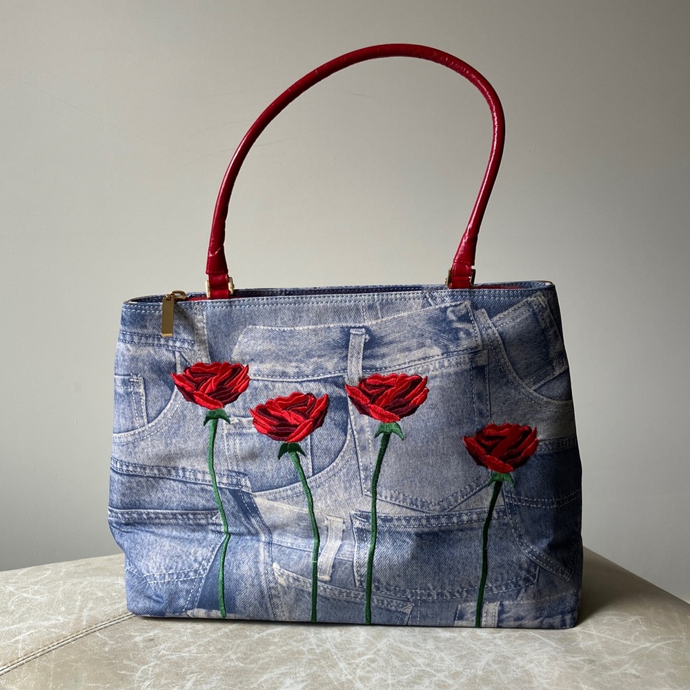 Vintage Russell & Bromley 2010 Rose Embroidered Denim Bag w/ Red Leather Handles